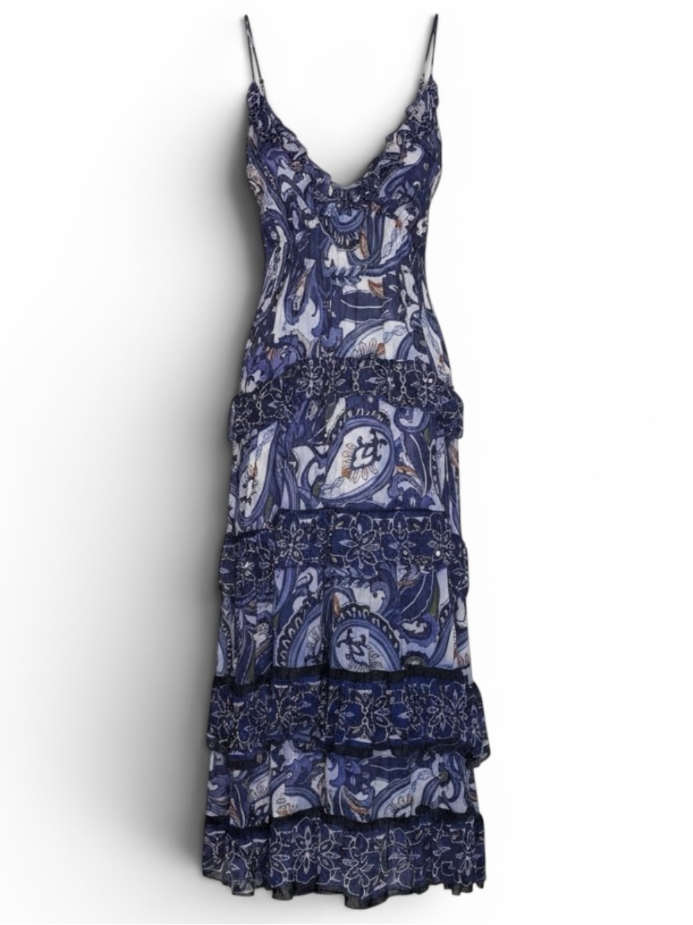 Miss June Paris Blue Purple Paisley Maxi Dress Sequin Tiered Boho Luxury XS